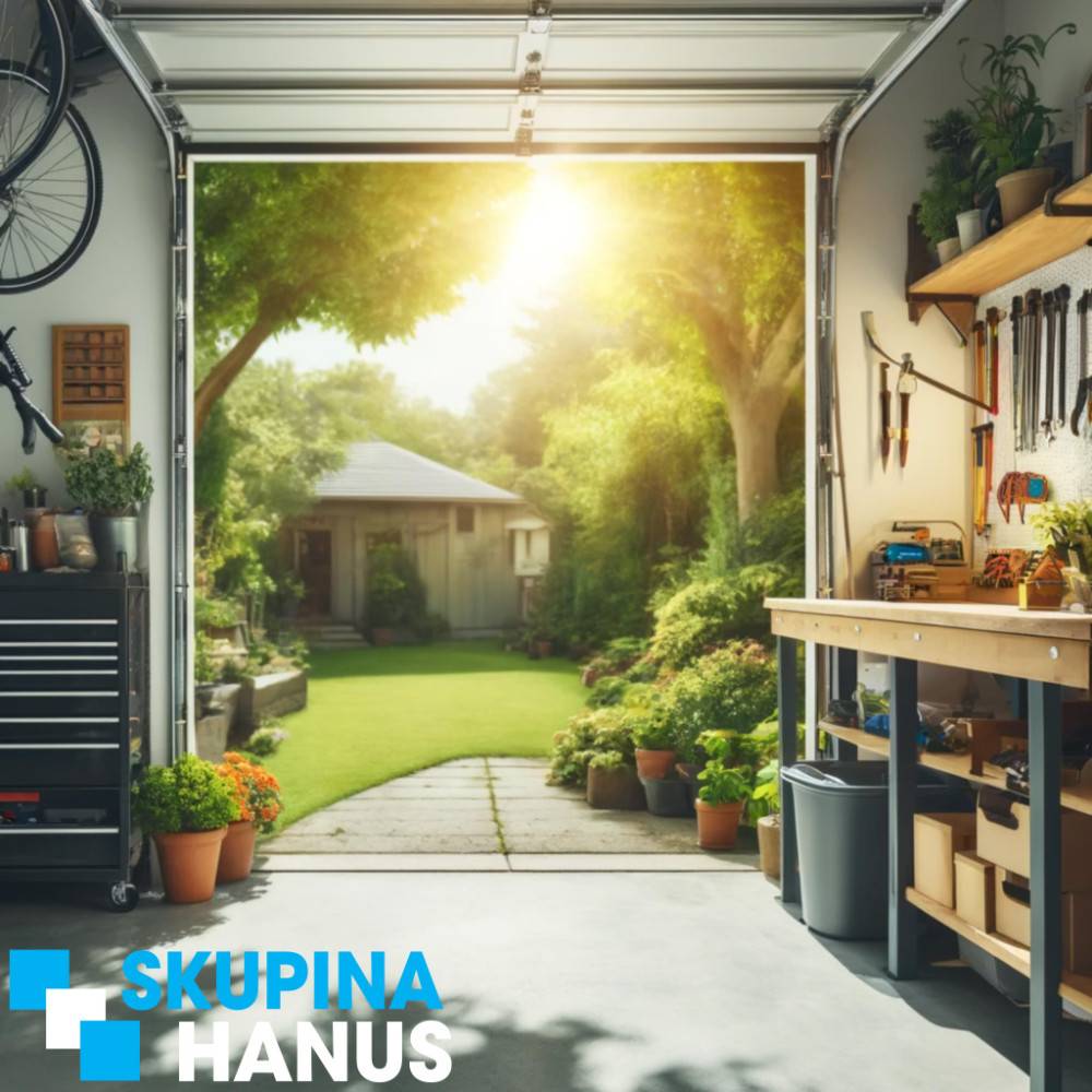Dobro organizirana in čista garaža z odprtimi vrati in pogledom na sončno dvorišče