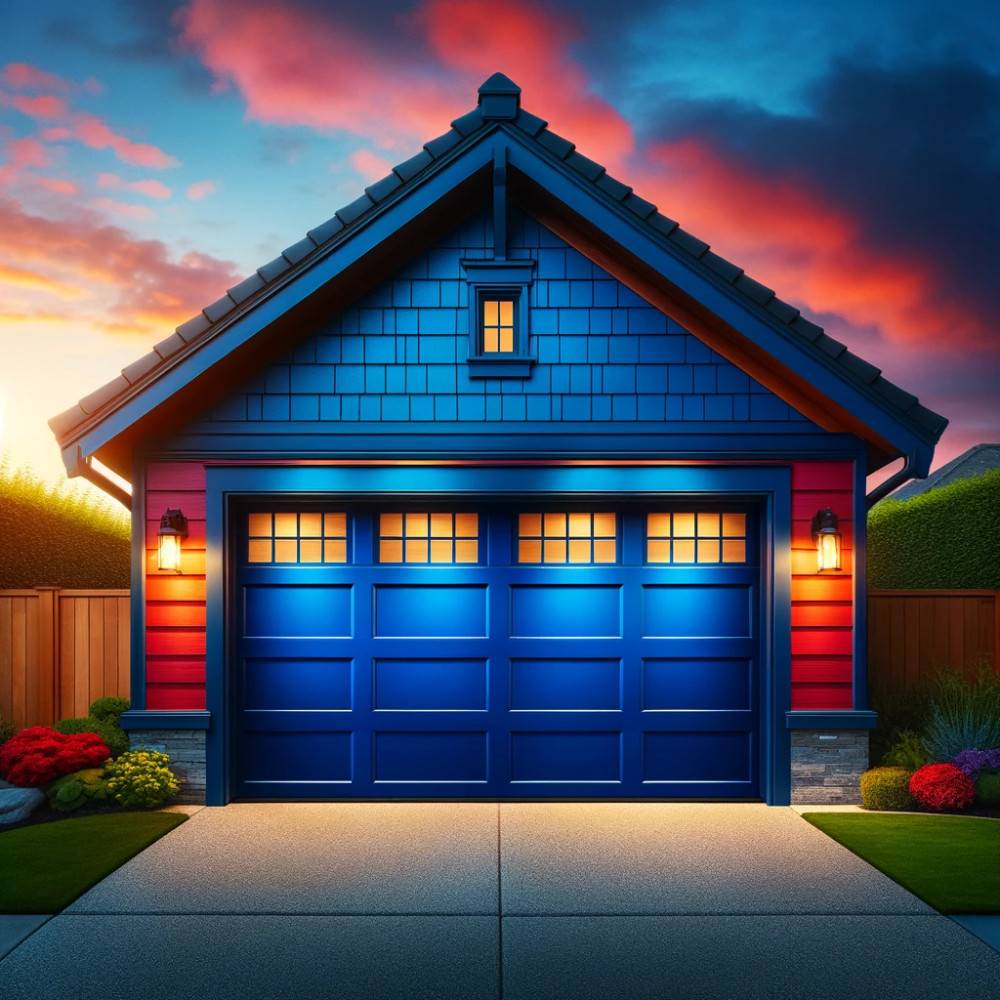 Svetla, drzna garažna vrata v globoko modri barvi